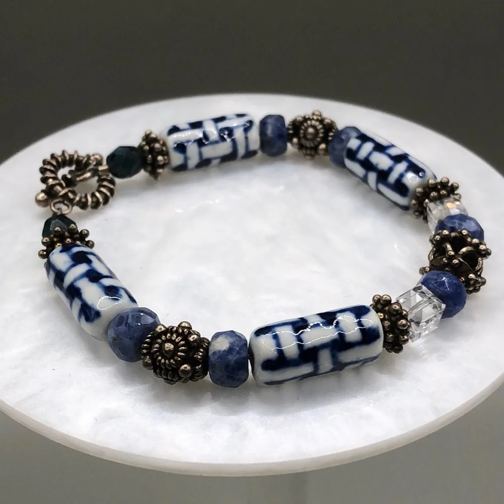 𝅺Vintage artisan handmade ceramic bead sterling silver bracelet boho free spirit